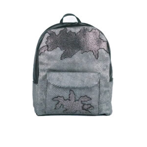 Rucsac din piele naturala gri cu imprimeu floral